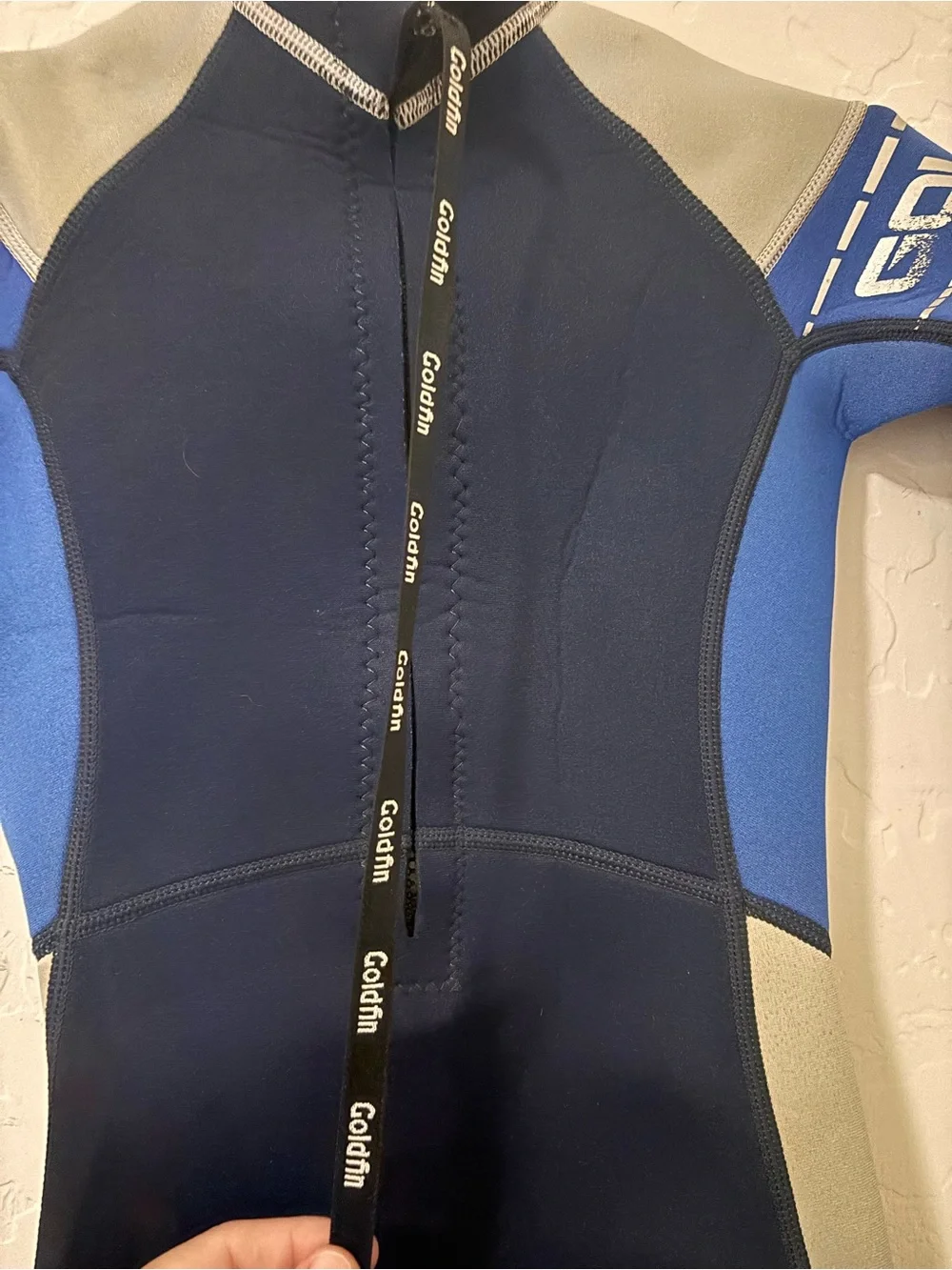 Goldfin Blue and black neoprene wetsuit with gray panels size 6